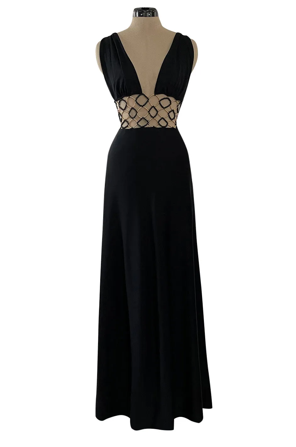Incredible 1970s Loris Azzaro Open Gold & Black Bead Waist Dress w Halter Top & Bare Back