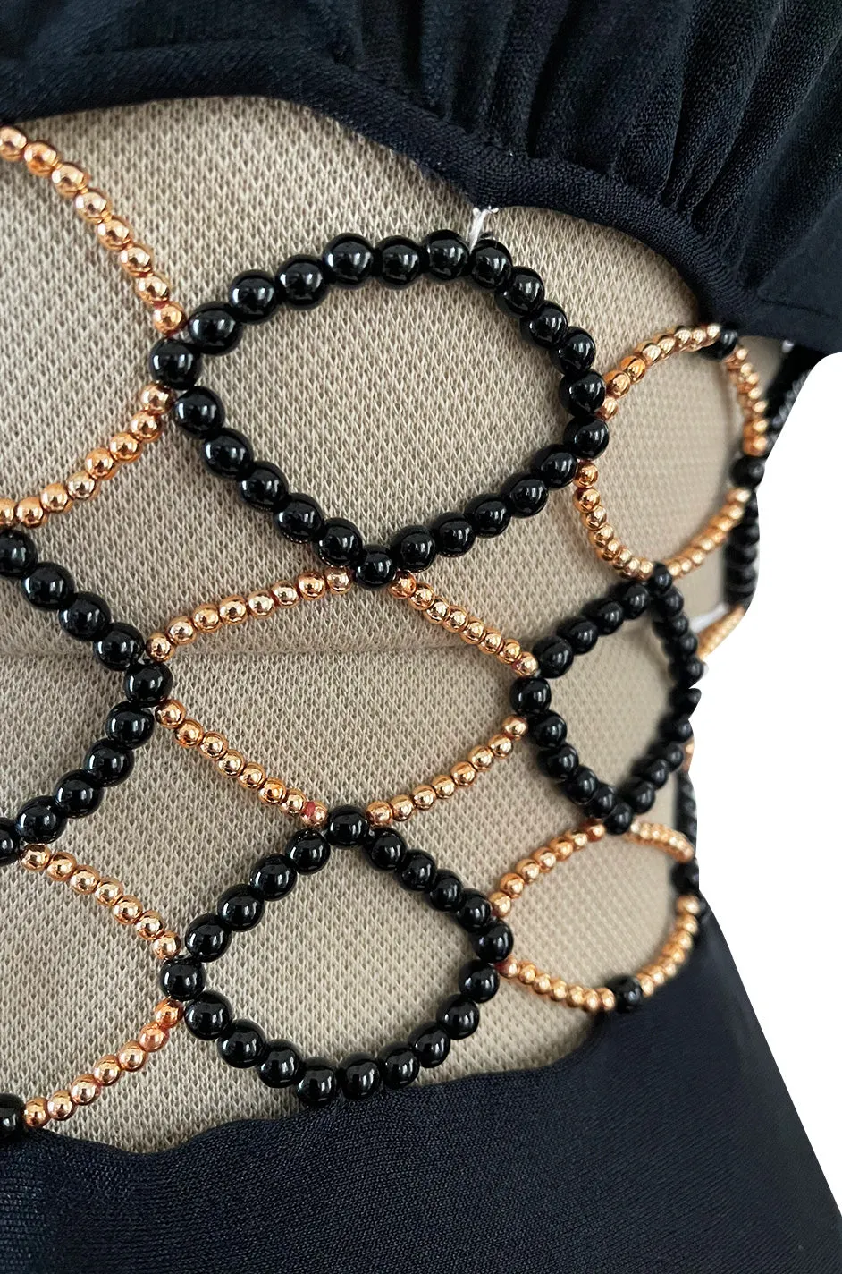 Incredible 1970s Loris Azzaro Open Gold & Black Bead Waist Dress w Halter Top & Bare Back