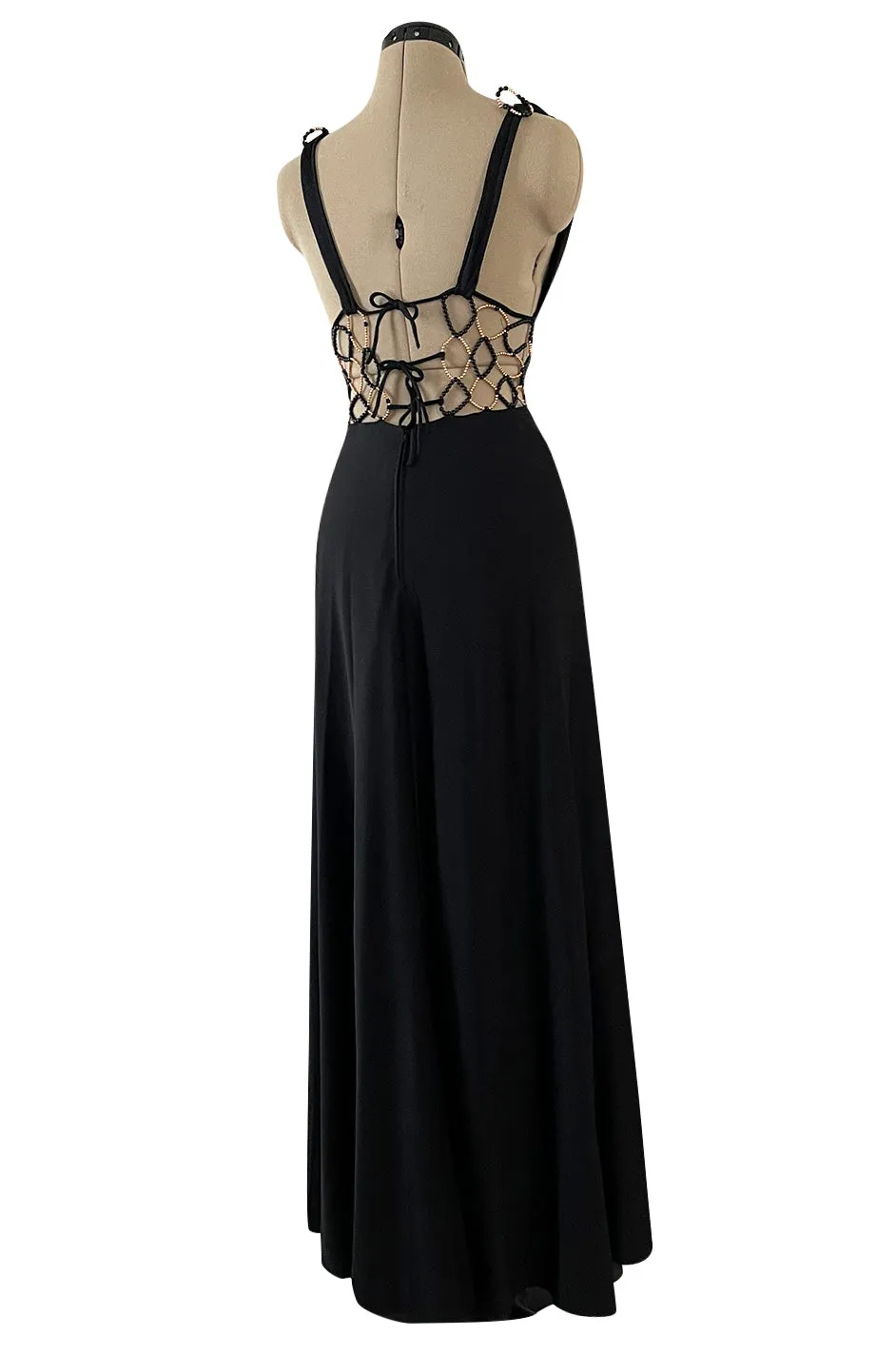 Incredible 1970s Loris Azzaro Open Gold & Black Bead Waist Dress w Halter Top & Bare Back