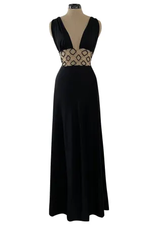Incredible 1970s Loris Azzaro Open Gold & Black Bead Waist Dress w Halter Top & Bare Back