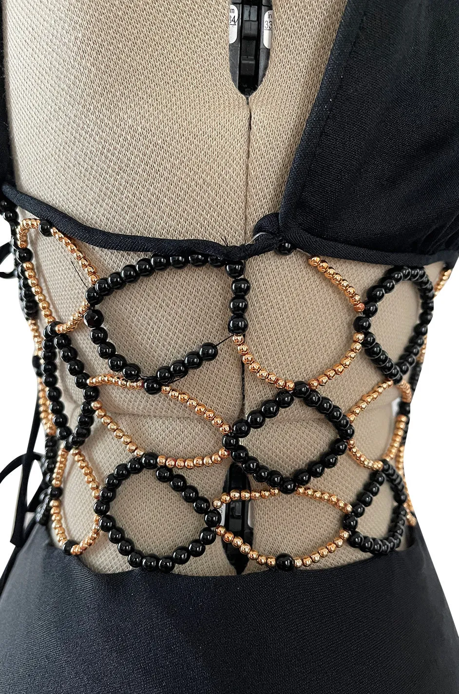 Incredible 1970s Loris Azzaro Open Gold & Black Bead Waist Dress w Halter Top & Bare Back