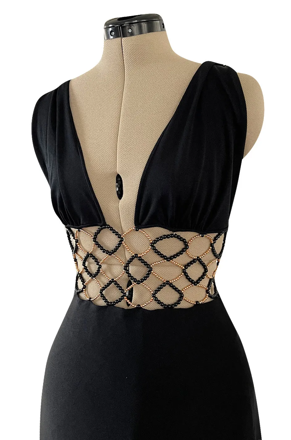 Incredible 1970s Loris Azzaro Open Gold & Black Bead Waist Dress w Halter Top & Bare Back