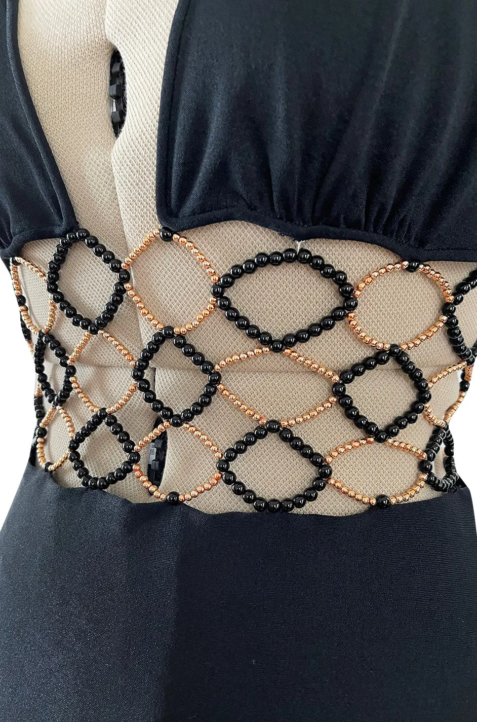 Incredible 1970s Loris Azzaro Open Gold & Black Bead Waist Dress w Halter Top & Bare Back