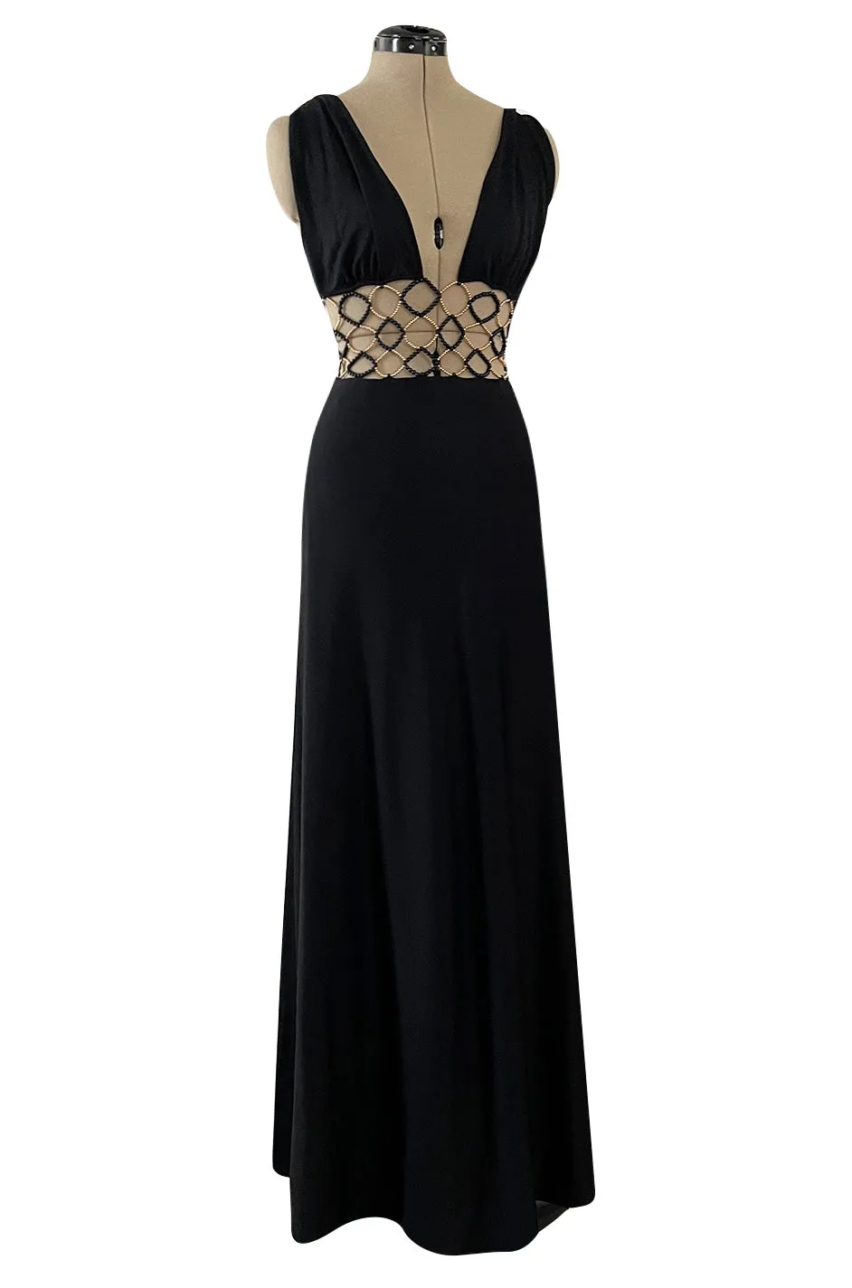 Incredible 1970s Loris Azzaro Open Gold & Black Bead Waist Dress w Halter Top & Bare Back