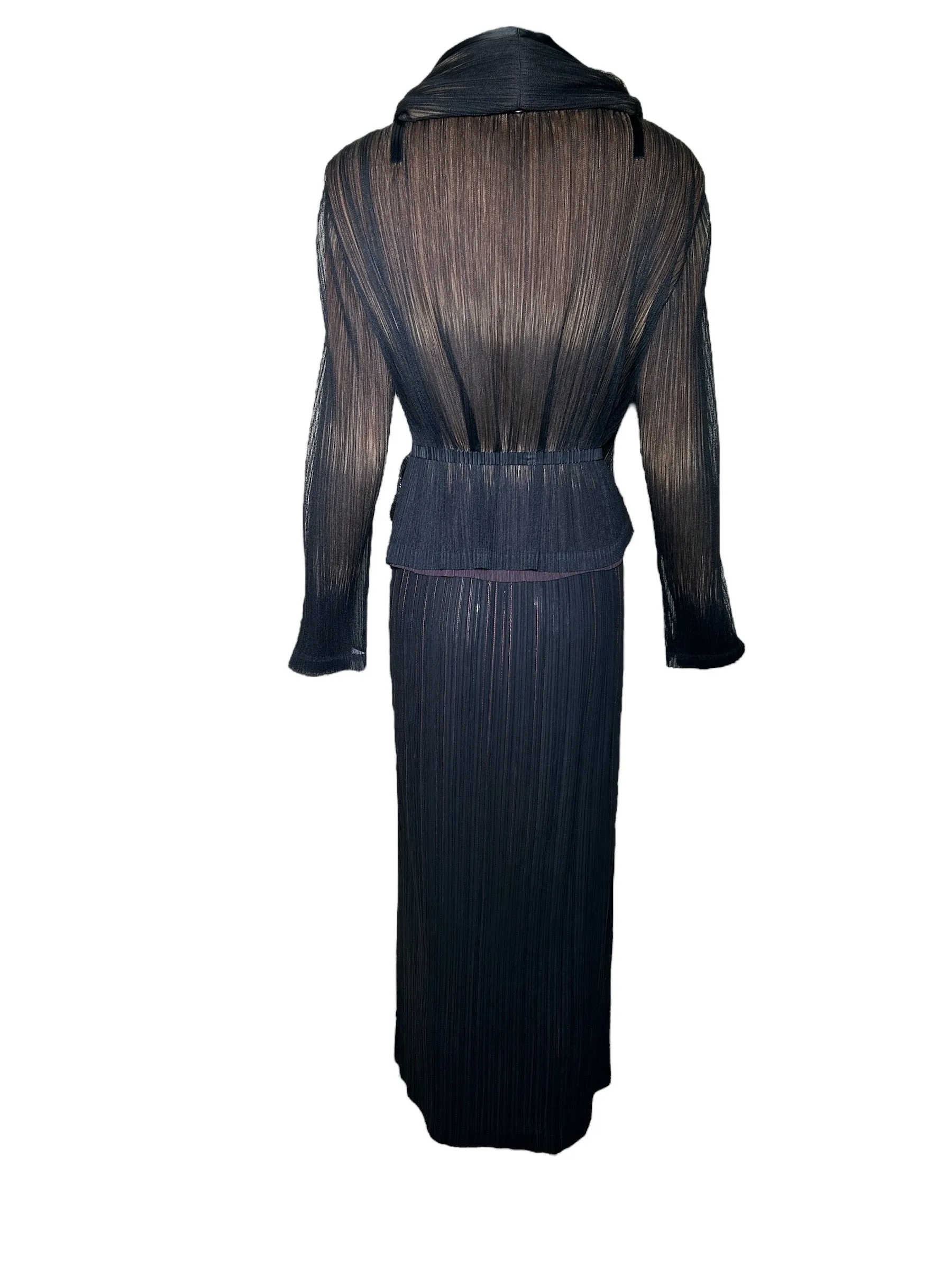 Issey Miyake 1990's Micro Pleated Black & Tan Jacket   Skirt Ensemble