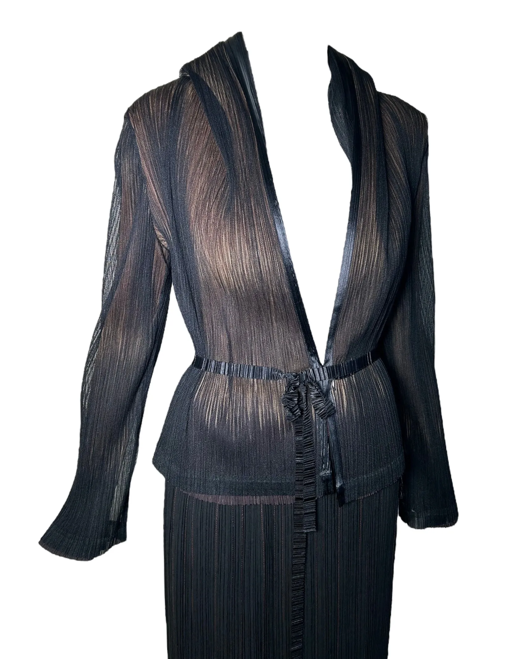 Issey Miyake 1990's Micro Pleated Black & Tan Jacket   Skirt Ensemble