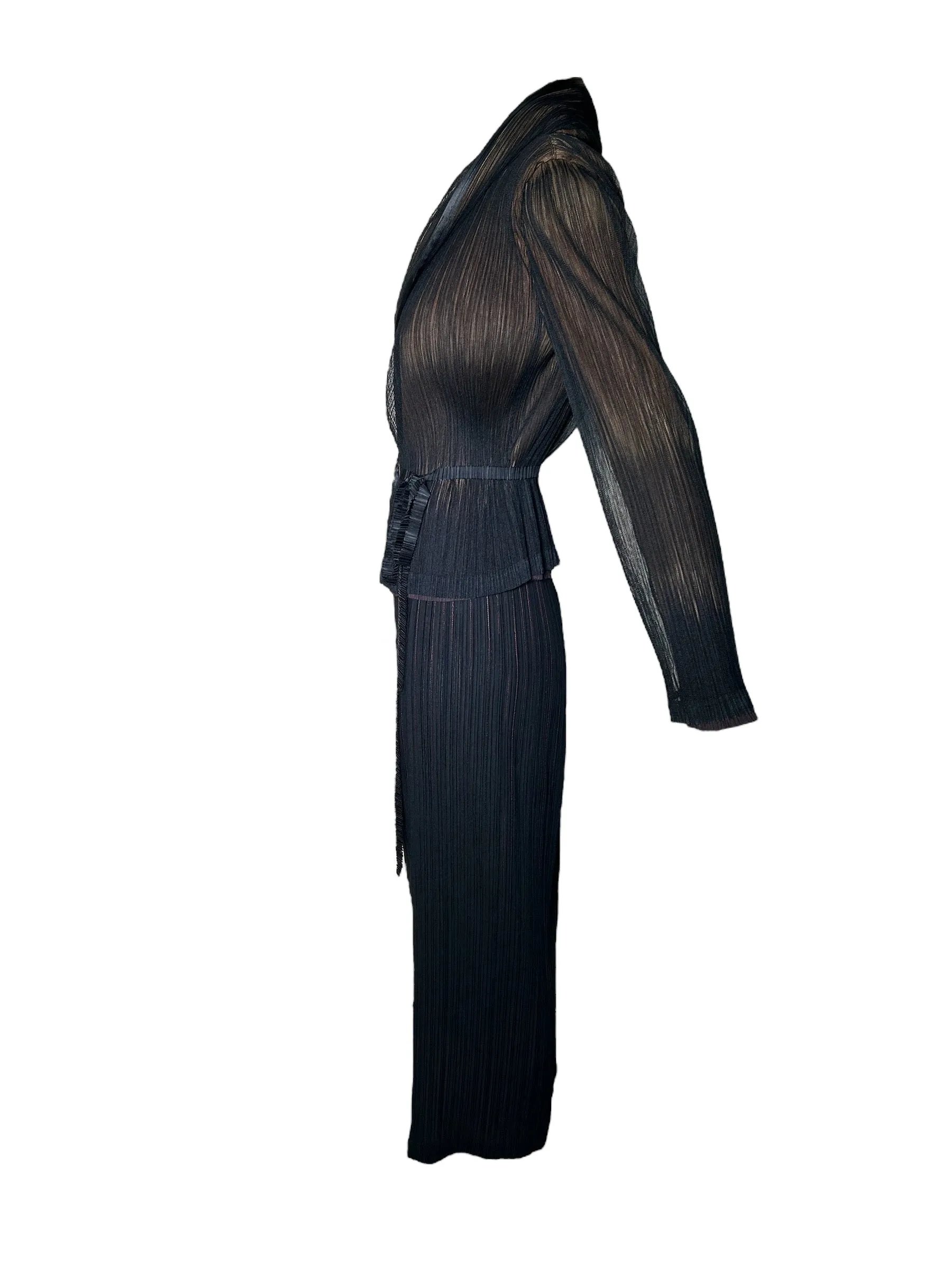 Issey Miyake 1990's Micro Pleated Black & Tan Jacket   Skirt Ensemble