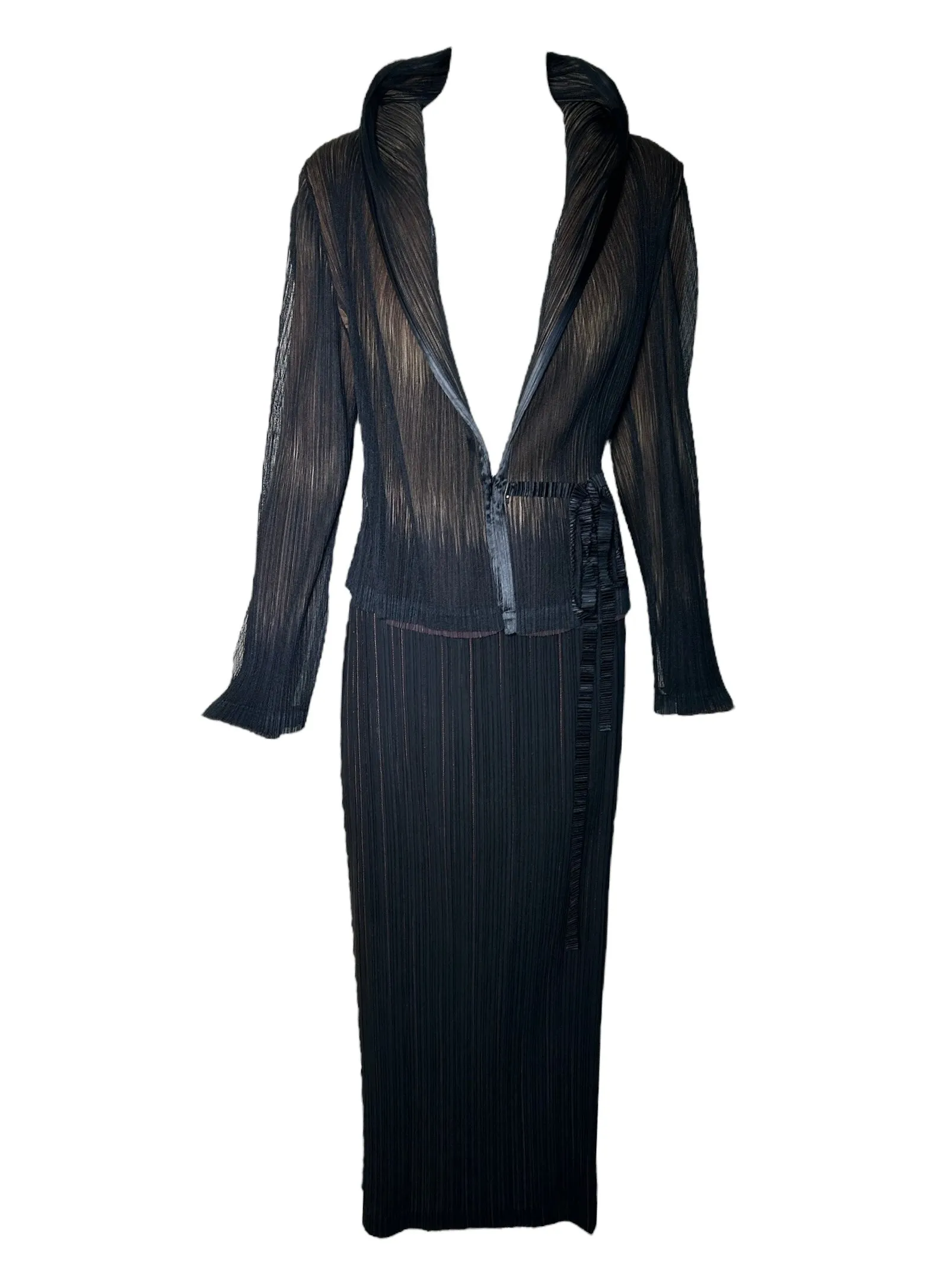 Issey Miyake 1990's Micro Pleated Black & Tan Jacket   Skirt Ensemble