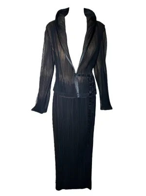 Issey Miyake 1990's Micro Pleated Black & Tan Jacket   Skirt Ensemble
