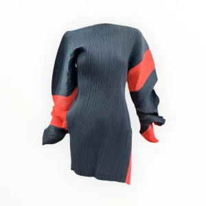 Issey Miyake S/S 1991 Grey and Orange Pleated Curved Sleeve Tunic Top Dress