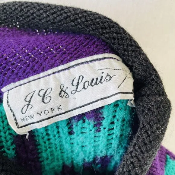 J C &amp; Louis Sweater Vintage Neon Mock Neck Roses Aztec Purple Alternative Large