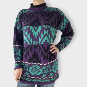 J C &amp; Louis Sweater Vintage Neon Mock Neck Roses Aztec Purple Alternative Large