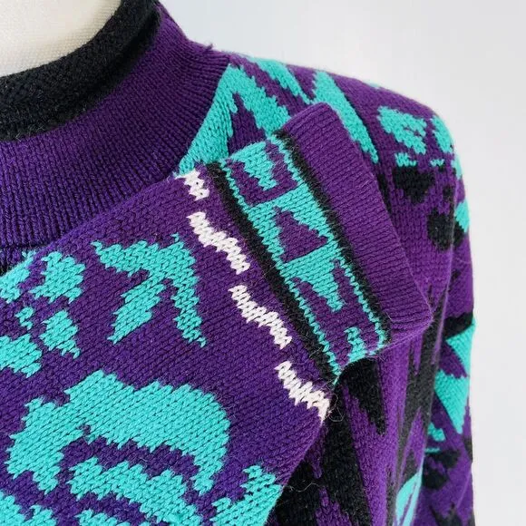 J C &amp; Louis Sweater Vintage Neon Mock Neck Roses Aztec Purple Alternative Large