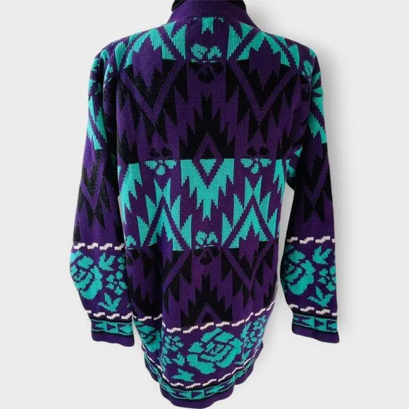 J C &amp; Louis Sweater Vintage Neon Mock Neck Roses Aztec Purple Alternative Large