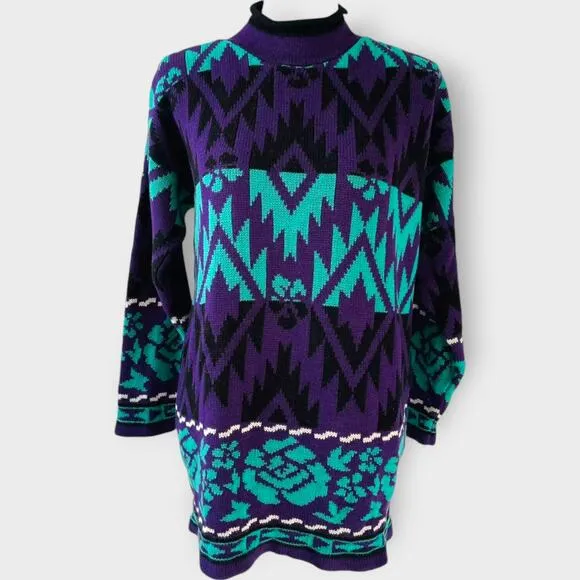J C &amp; Louis Sweater Vintage Neon Mock Neck Roses Aztec Purple Alternative Large