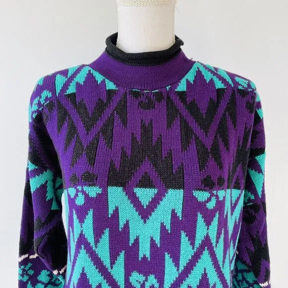 J C &amp; Louis Sweater Vintage Neon Mock Neck Roses Aztec Purple Alternative Large