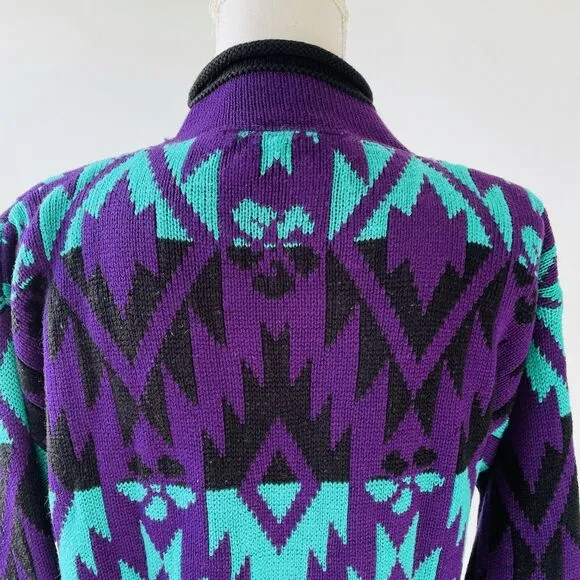 J C &amp; Louis Sweater Vintage Neon Mock Neck Roses Aztec Purple Alternative Large