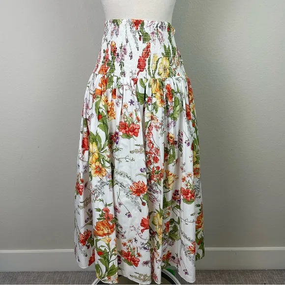 J Crew Collection Off White Orange Purple Floral Smocked Waist Full Skirt Large