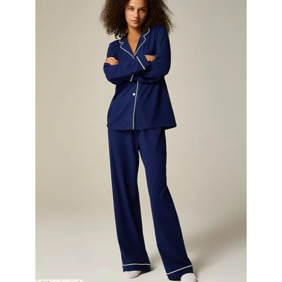 J. Crew Dreamy Cotton Blend Pajama Pant Set Navy Blue Size S NWT CC660
