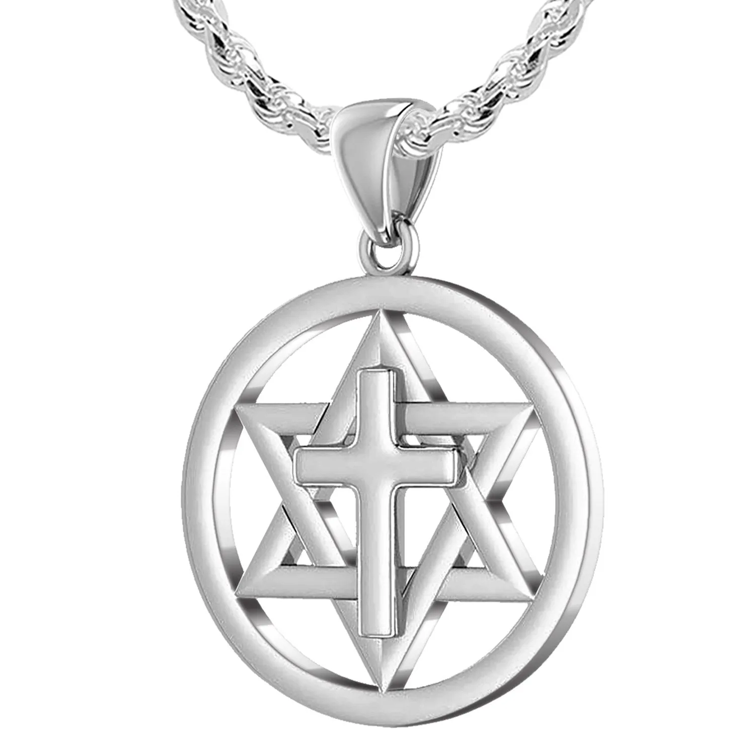 Ladies 925 Sterling Silver Star of David with Cross Jewish Pendant, 24mm