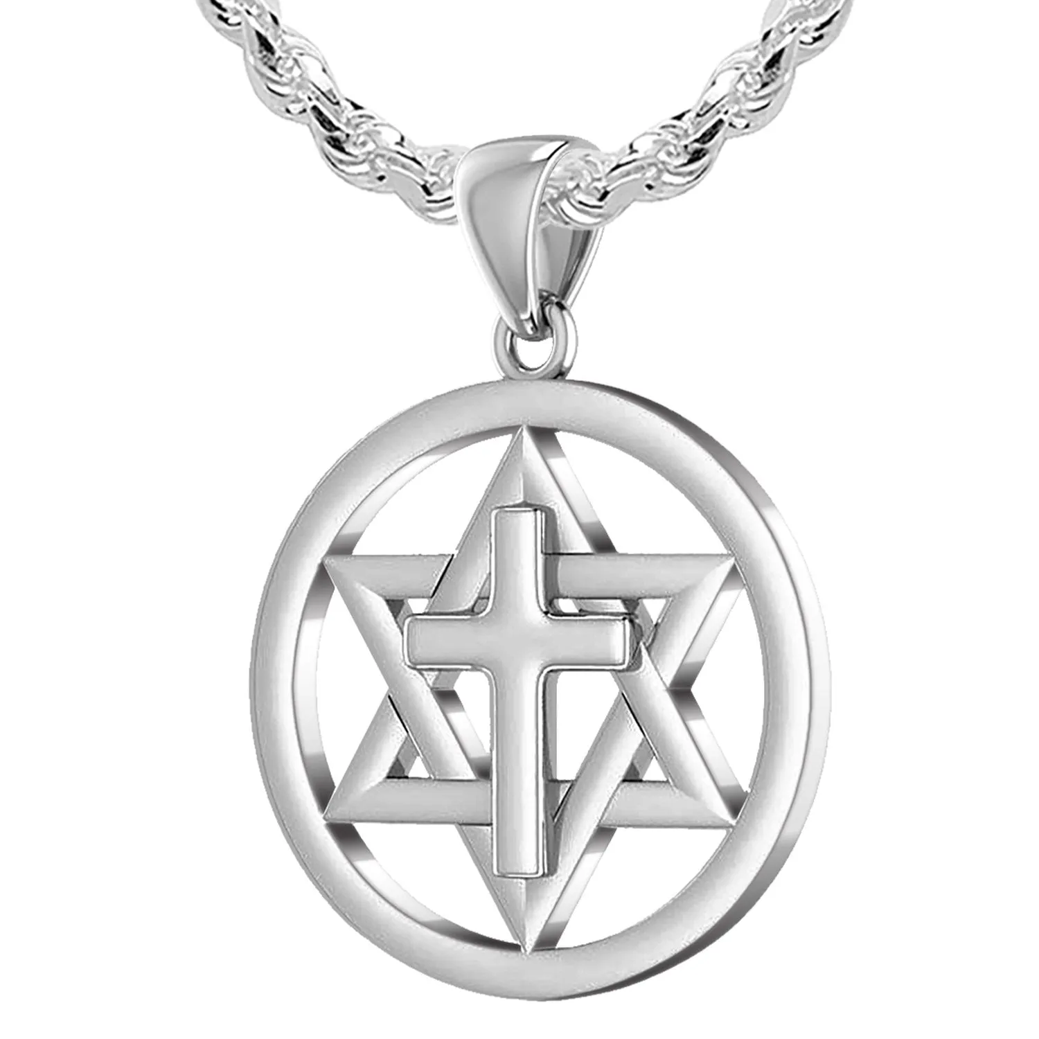 Ladies 925 Sterling Silver Star of David with Cross Jewish Pendant, 24mm