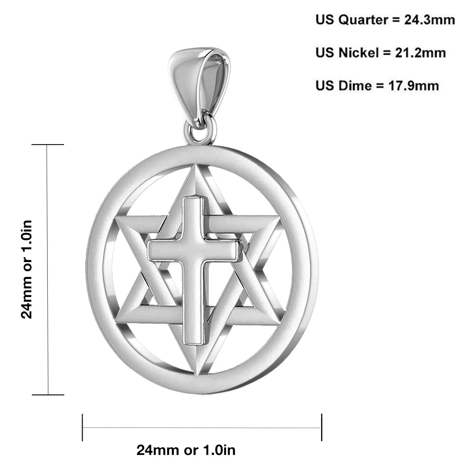 Ladies 925 Sterling Silver Star of David with Cross Jewish Pendant, 24mm