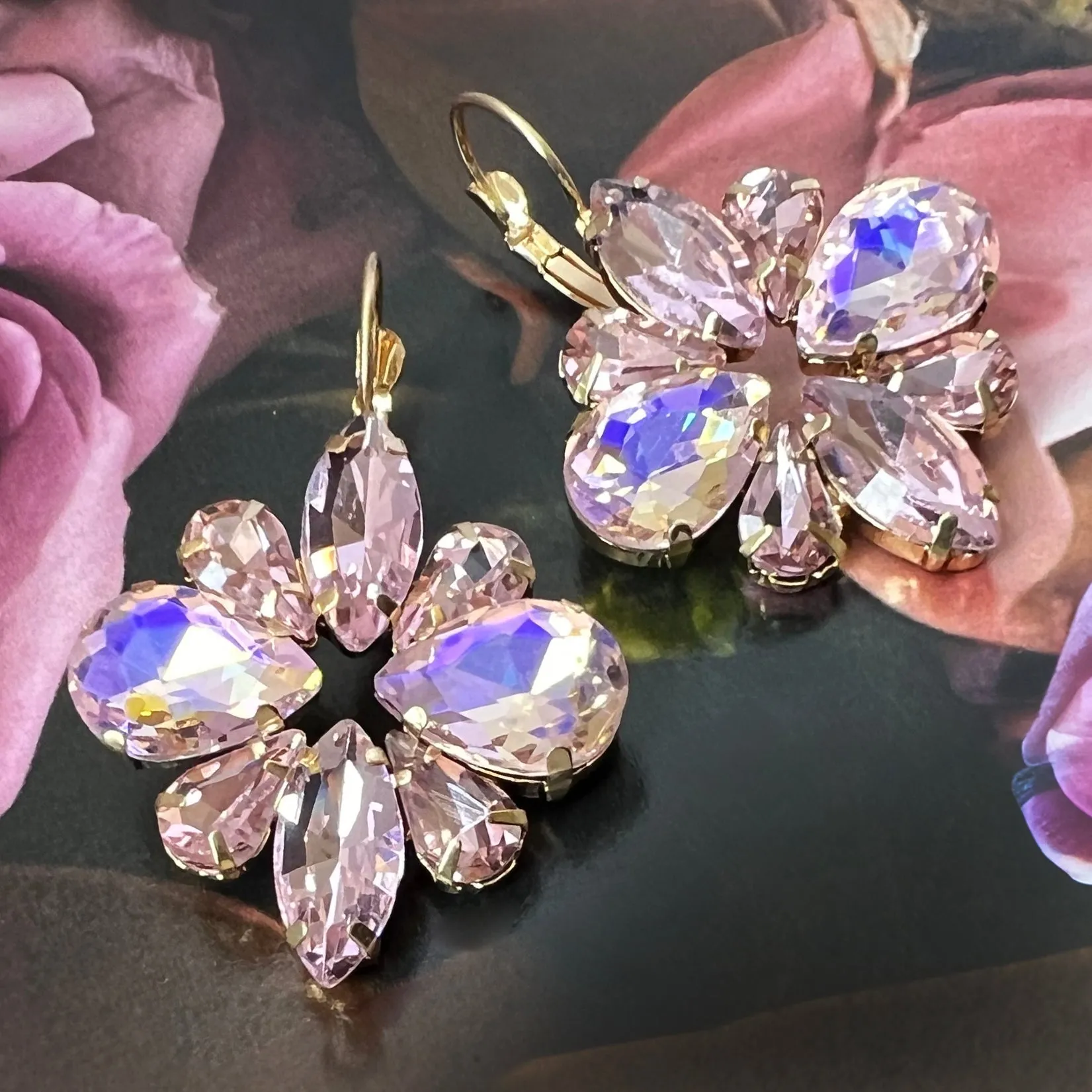 light pink crystal statement flower earrings
