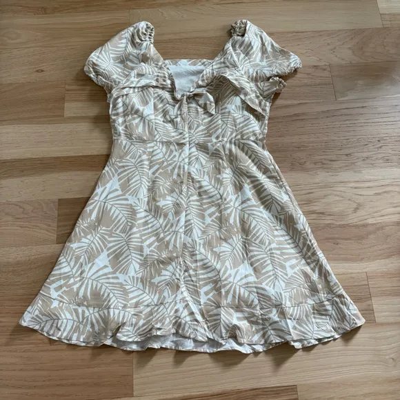 LOFT Womens Cream Linen Viscose Tropical Floral Tie Keyhole Back Dress Size 12