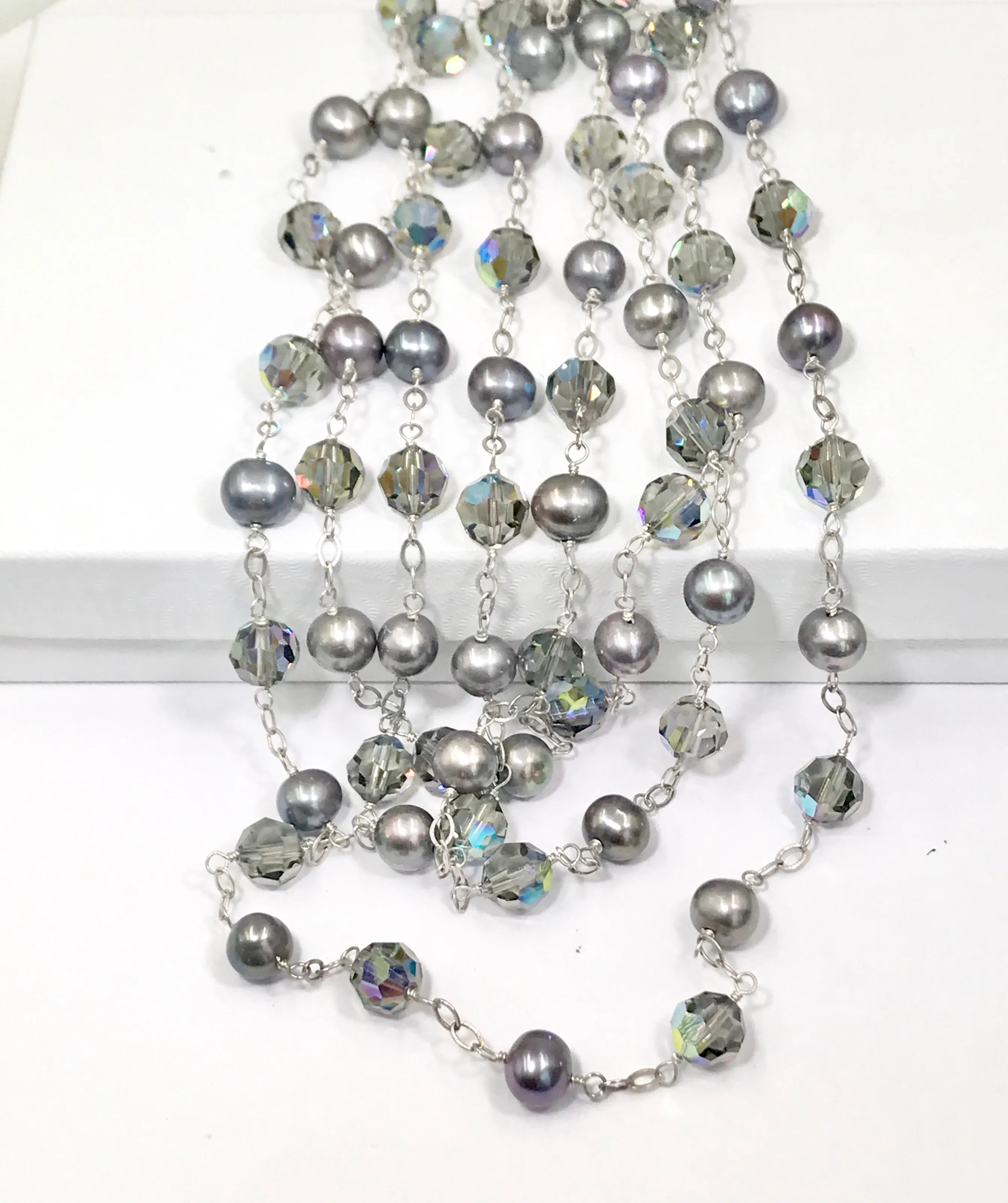 Long Grey Pearl Swarovski Crystal Sautoir Necklace