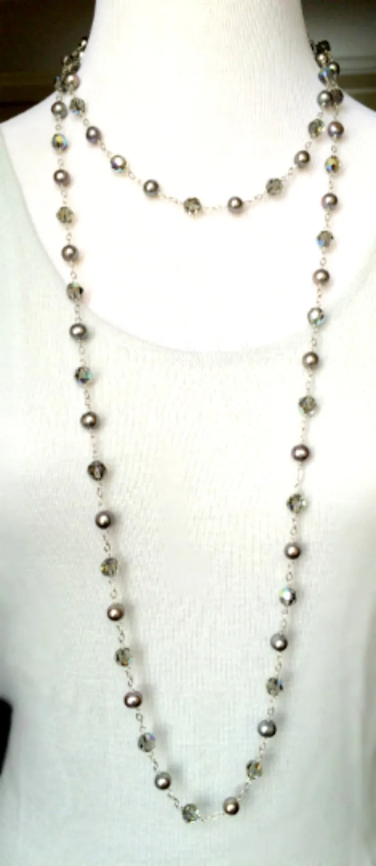 Long Grey Pearl Swarovski Crystal Sautoir Necklace