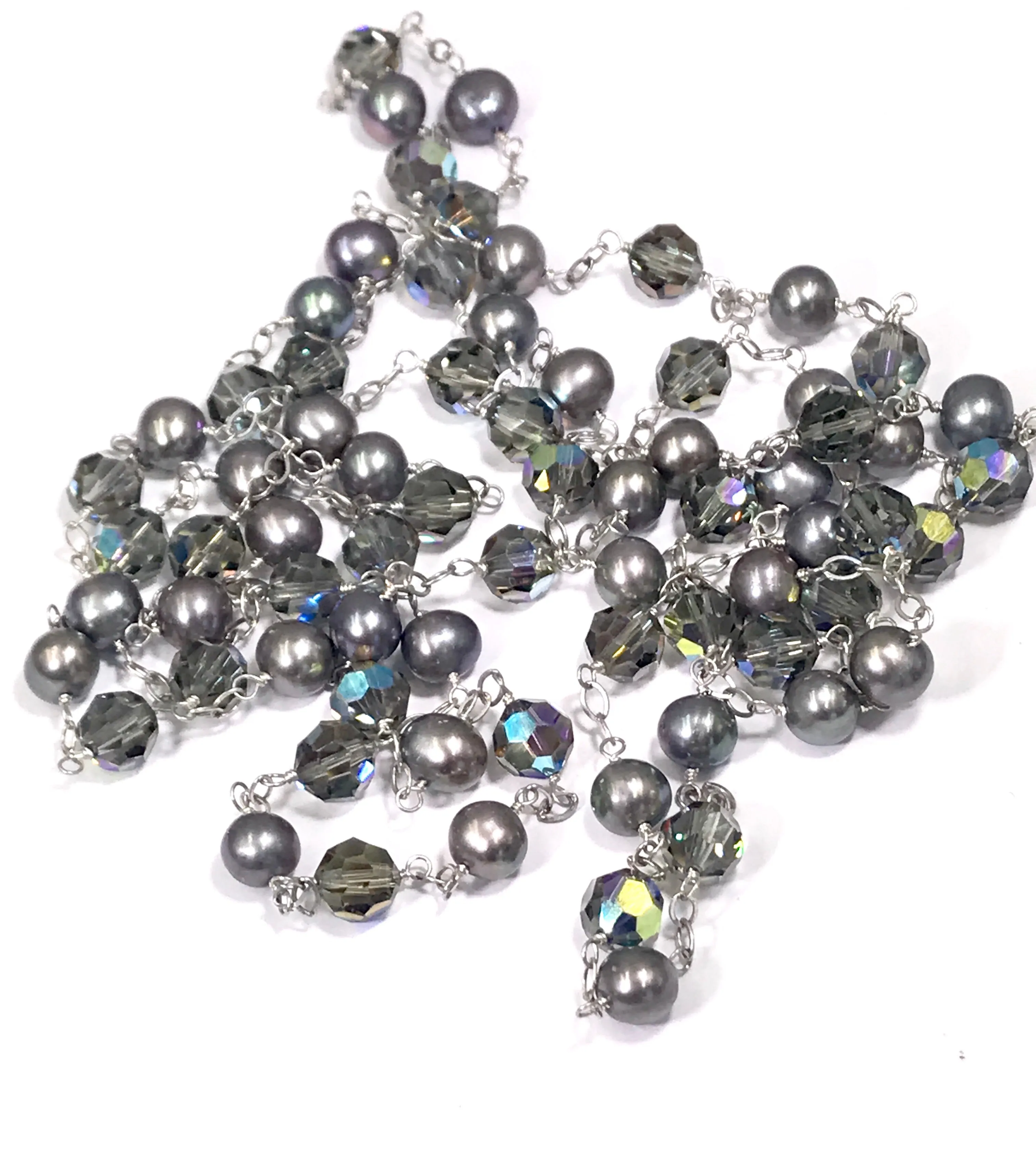 Long Grey Pearl Swarovski Crystal Sautoir Necklace