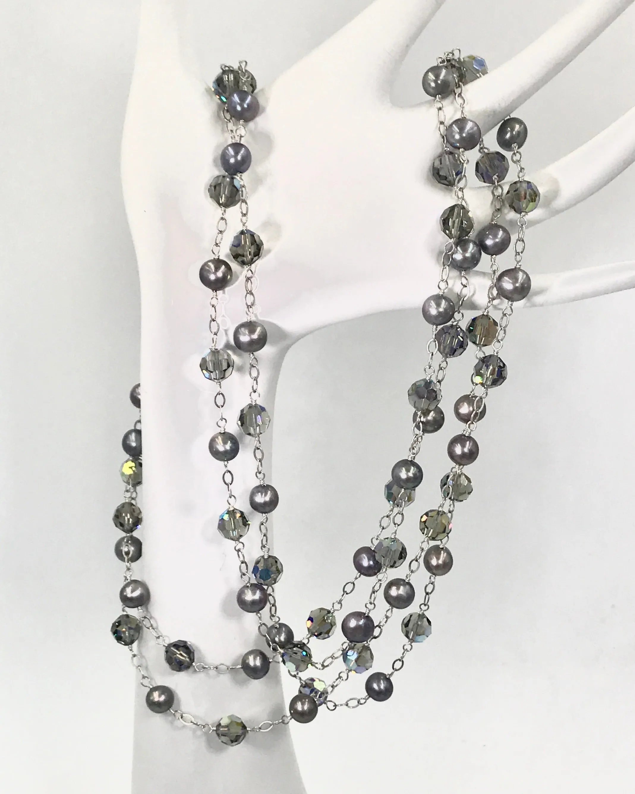 Long Grey Pearl Swarovski Crystal Sautoir Necklace