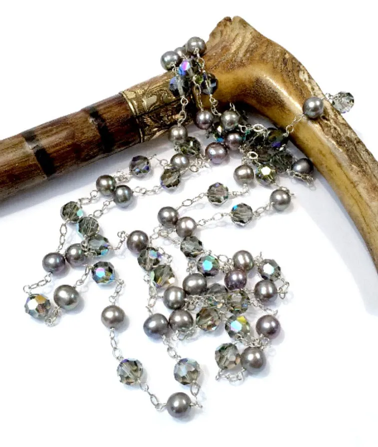 Long Grey Pearl Swarovski Crystal Sautoir Necklace