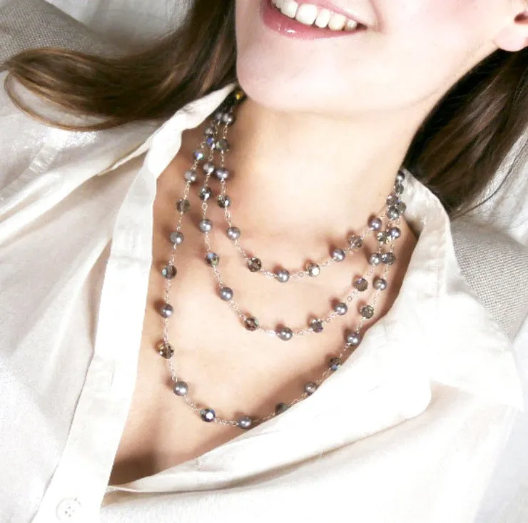 Long Grey Pearl Swarovski Crystal Sautoir Necklace