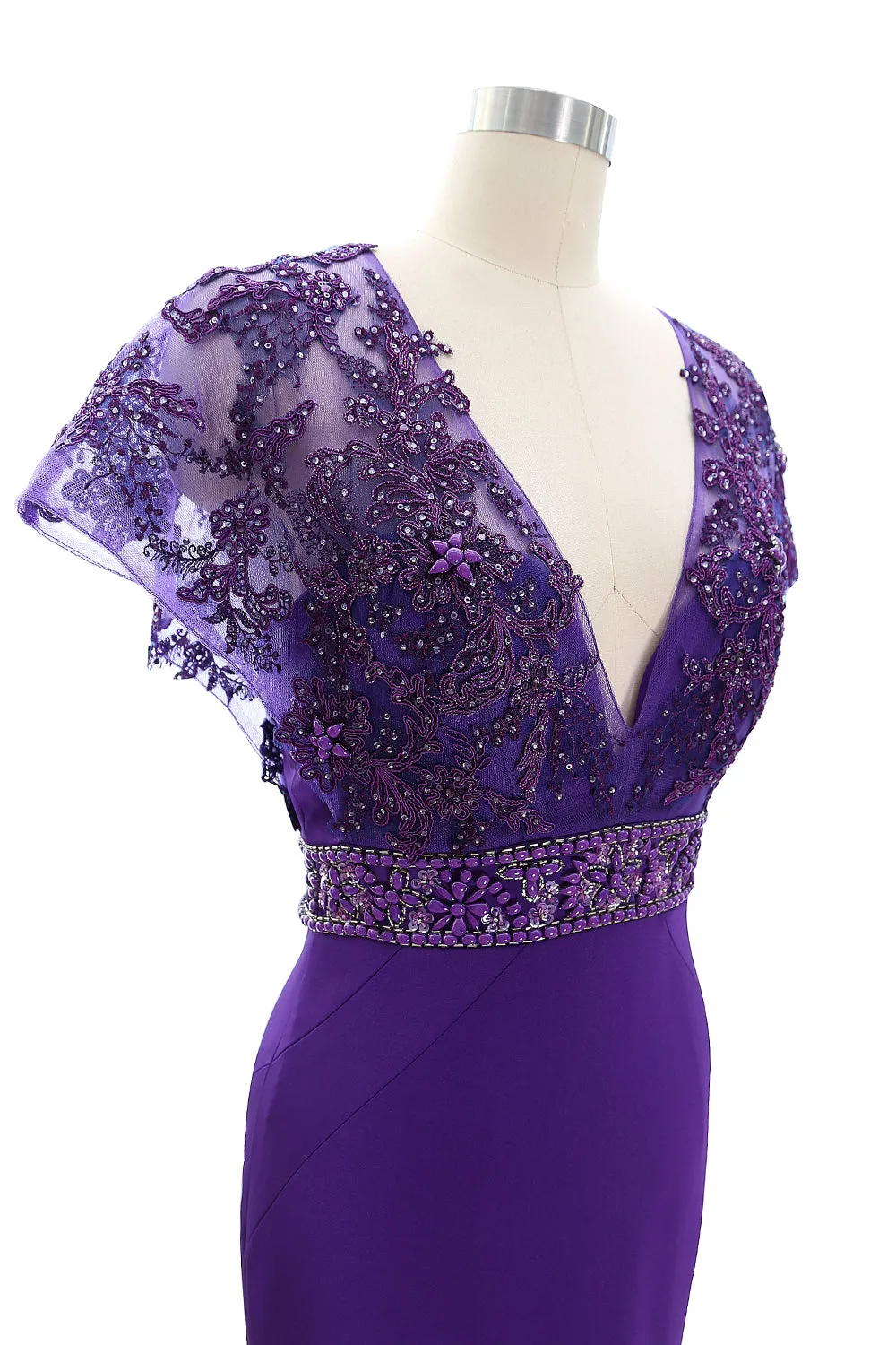 MACloth Women Cap Sleeve V Neck Evening Gown Sheath Beaded Mother of Bride Dress