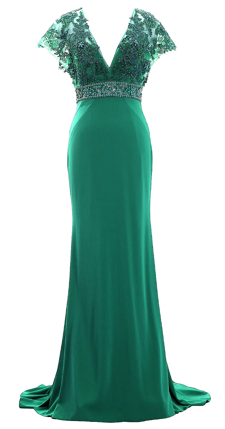MACloth Women Cap Sleeve V Neck Evening Gown Sheath Beaded Mother of Bride Dress