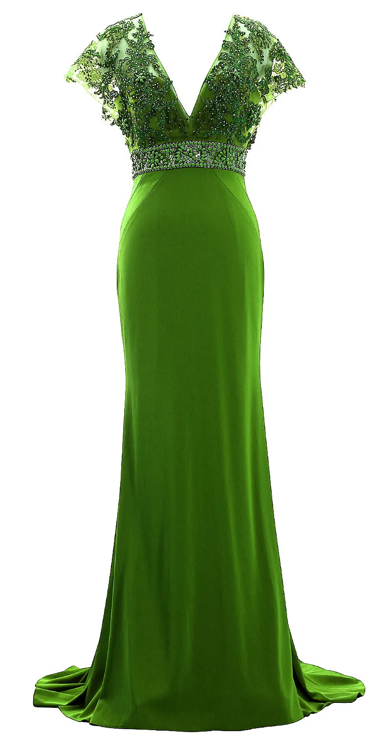 MACloth Women Cap Sleeve V Neck Evening Gown Sheath Beaded Mother of Bride Dress