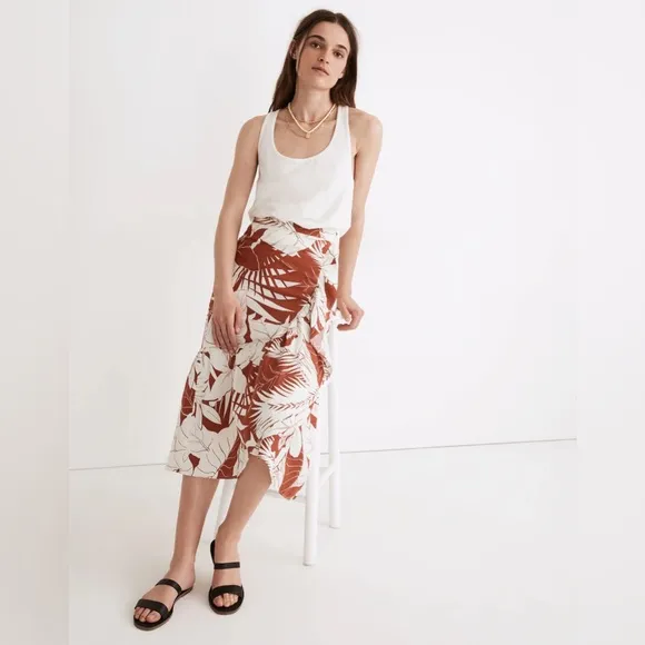 Madewell Linen-Blend Ruffle-Wrap Midi Skirt in Tropical Vacation Size 14