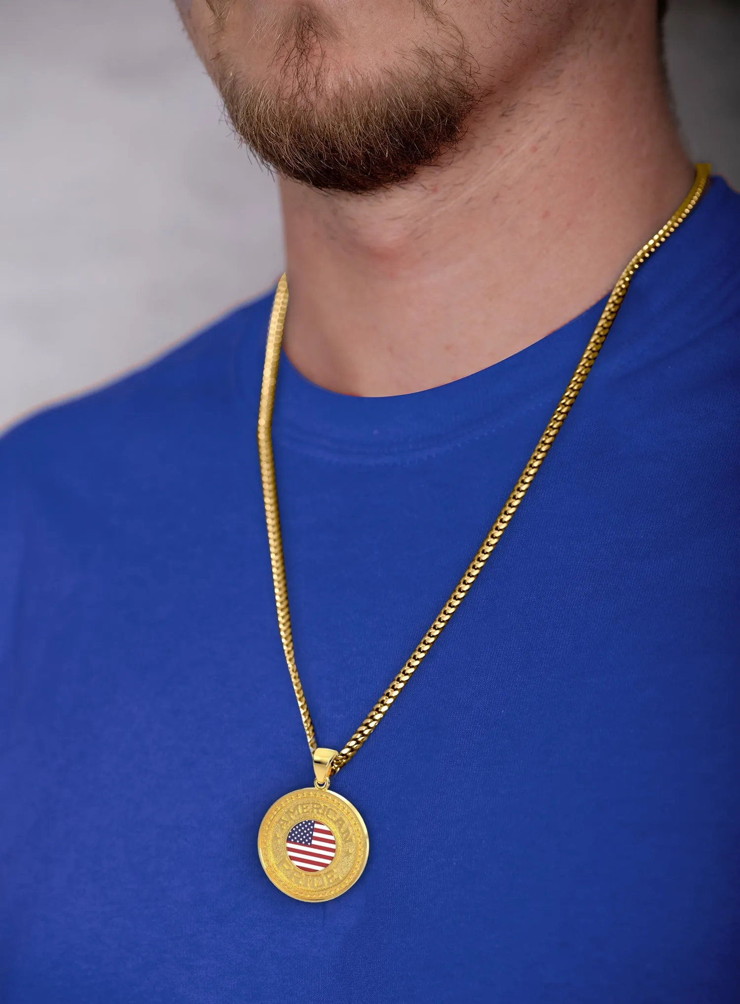 Men's 14k Yellow Gold American Pride Pendant Necklace, 33mm