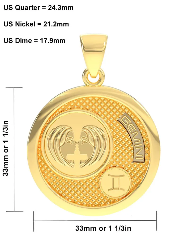 Men's 14k Yellow Gold Gemini the Twins Zodiac Pendant Necklace, 33mm