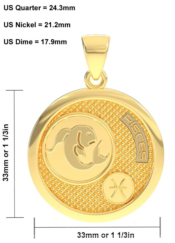 Men's 14k Yellow Gold Pisces the Fish Zodiac Pendant Necklace, 33mm