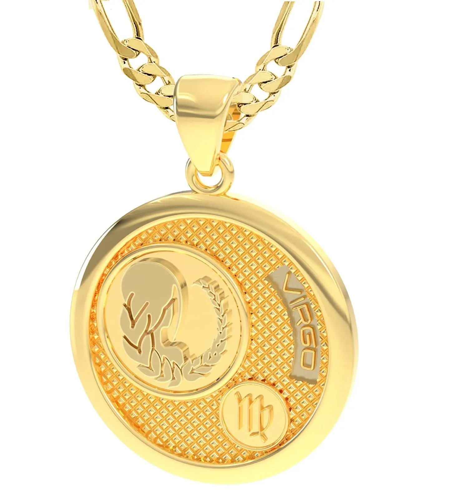 Men's 14k Yellow Gold Virgo Goddess of Wheat Zodiac Pendant Necklace, 33mm