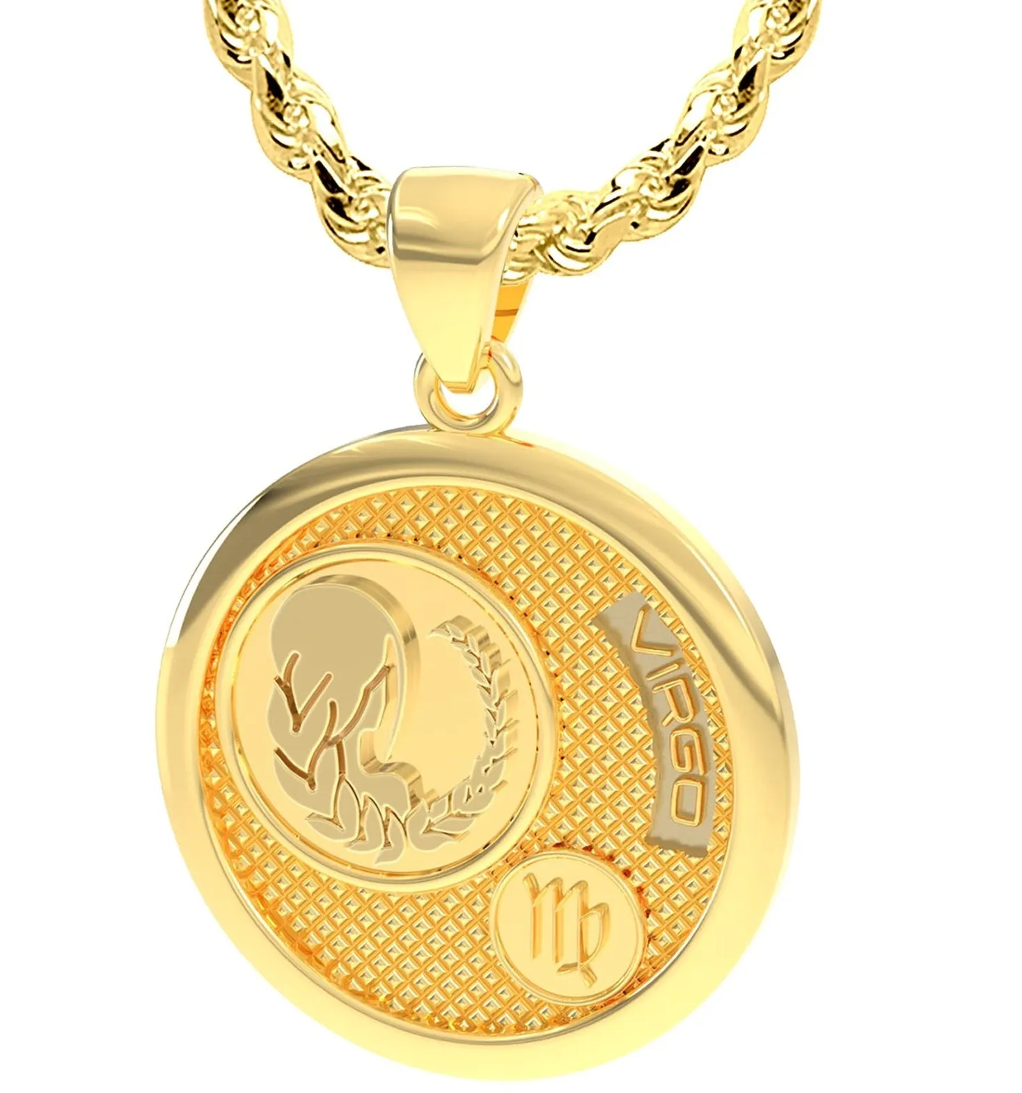 Men's 14k Yellow Gold Virgo Goddess of Wheat Zodiac Pendant Necklace, 33mm
