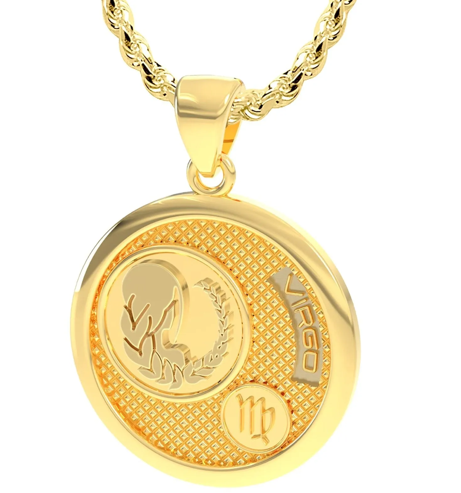 Men's 14k Yellow Gold Virgo Goddess of Wheat Zodiac Pendant Necklace, 33mm