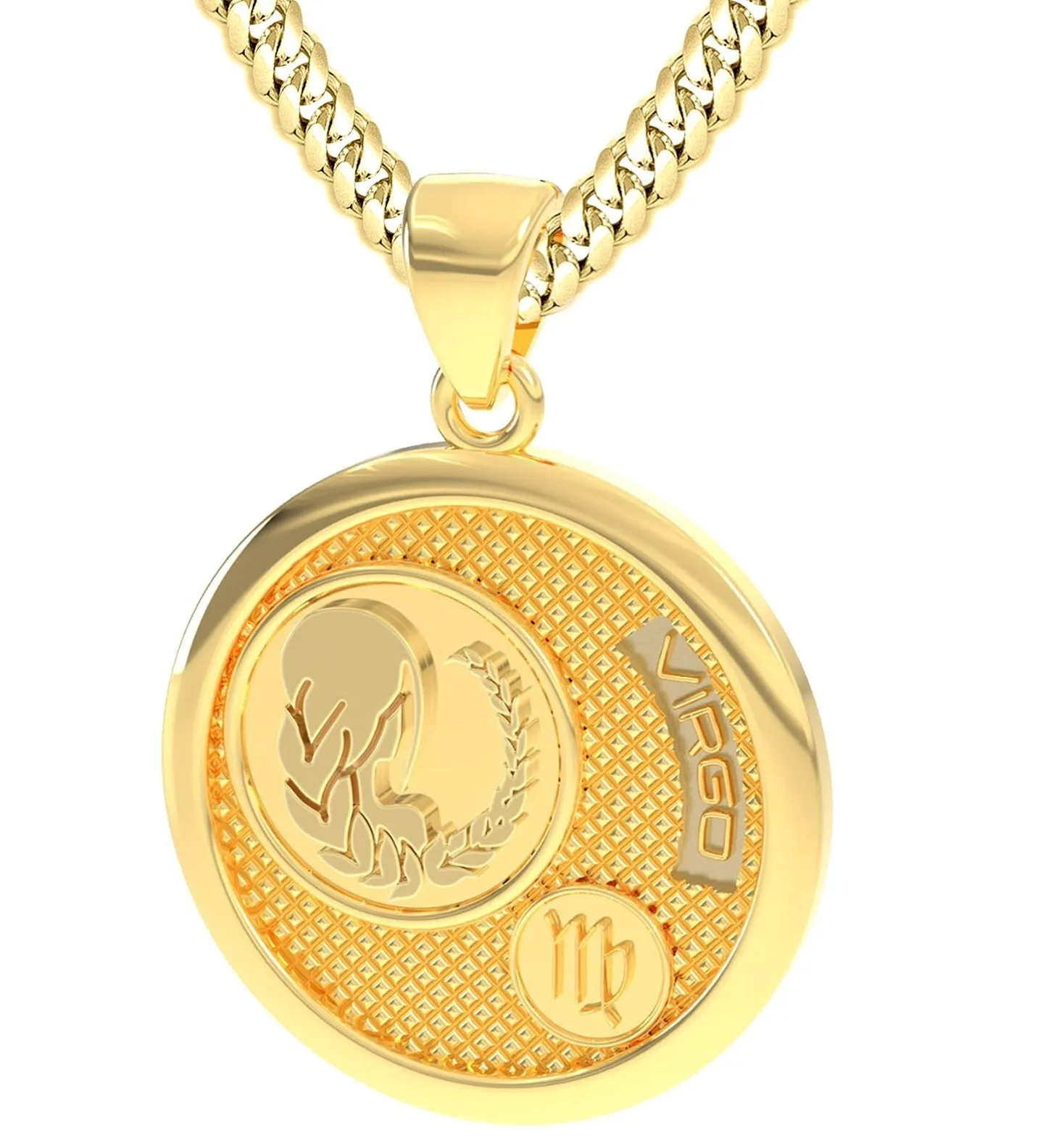 Men's 14k Yellow Gold Virgo Goddess of Wheat Zodiac Pendant Necklace, 33mm