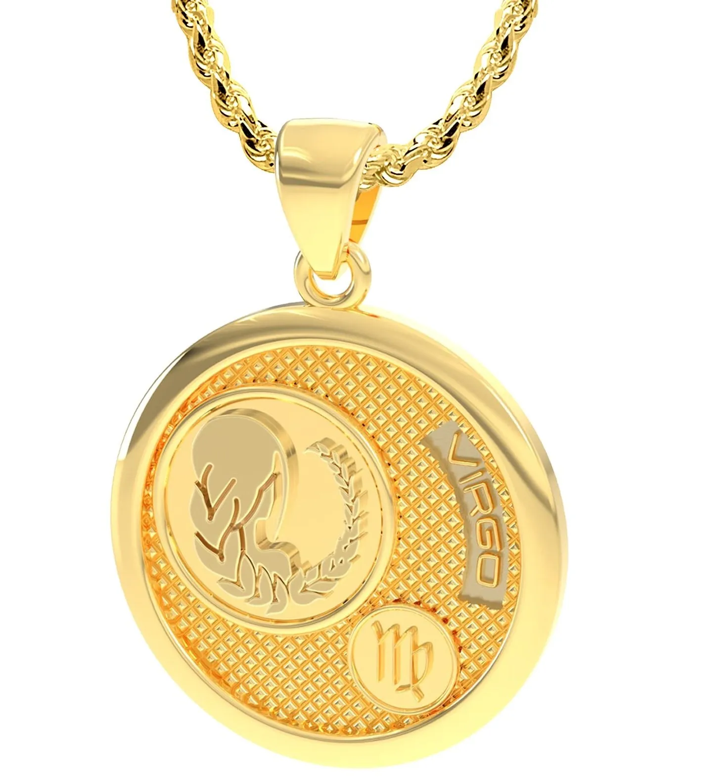 Men's 14k Yellow Gold Virgo Goddess of Wheat Zodiac Pendant Necklace, 33mm