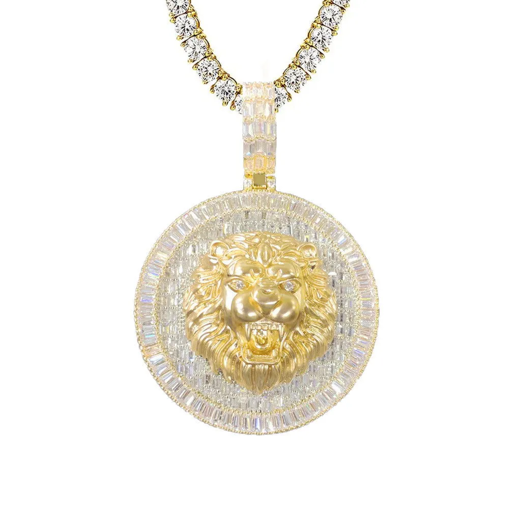 Mens 3D Lion Roaring Baguette Icy Hip Hop Yellow Tone Pendant