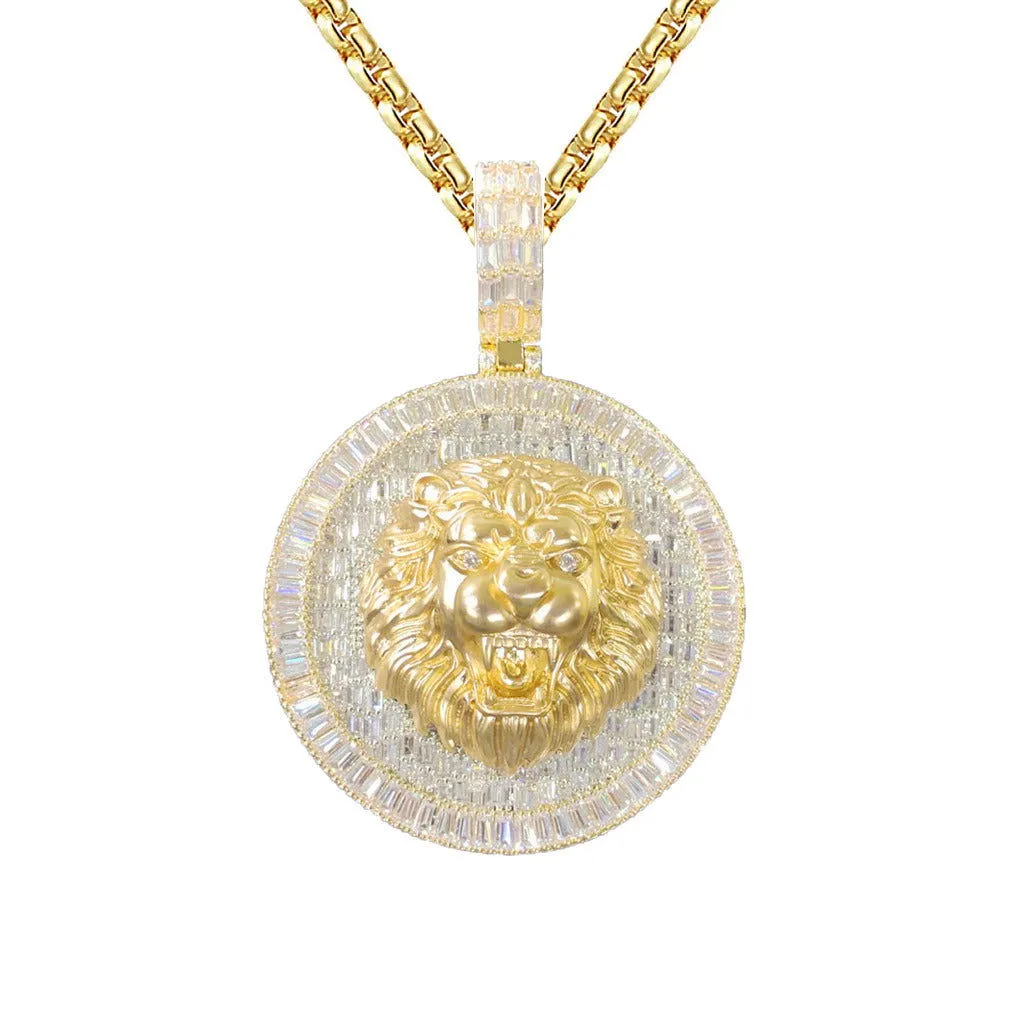 Mens 3D Lion Roaring Baguette Icy Hip Hop Yellow Tone Pendant