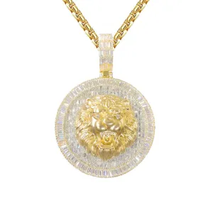 Mens 3D Lion Roaring Baguette Icy Hip Hop Yellow Tone Pendant
