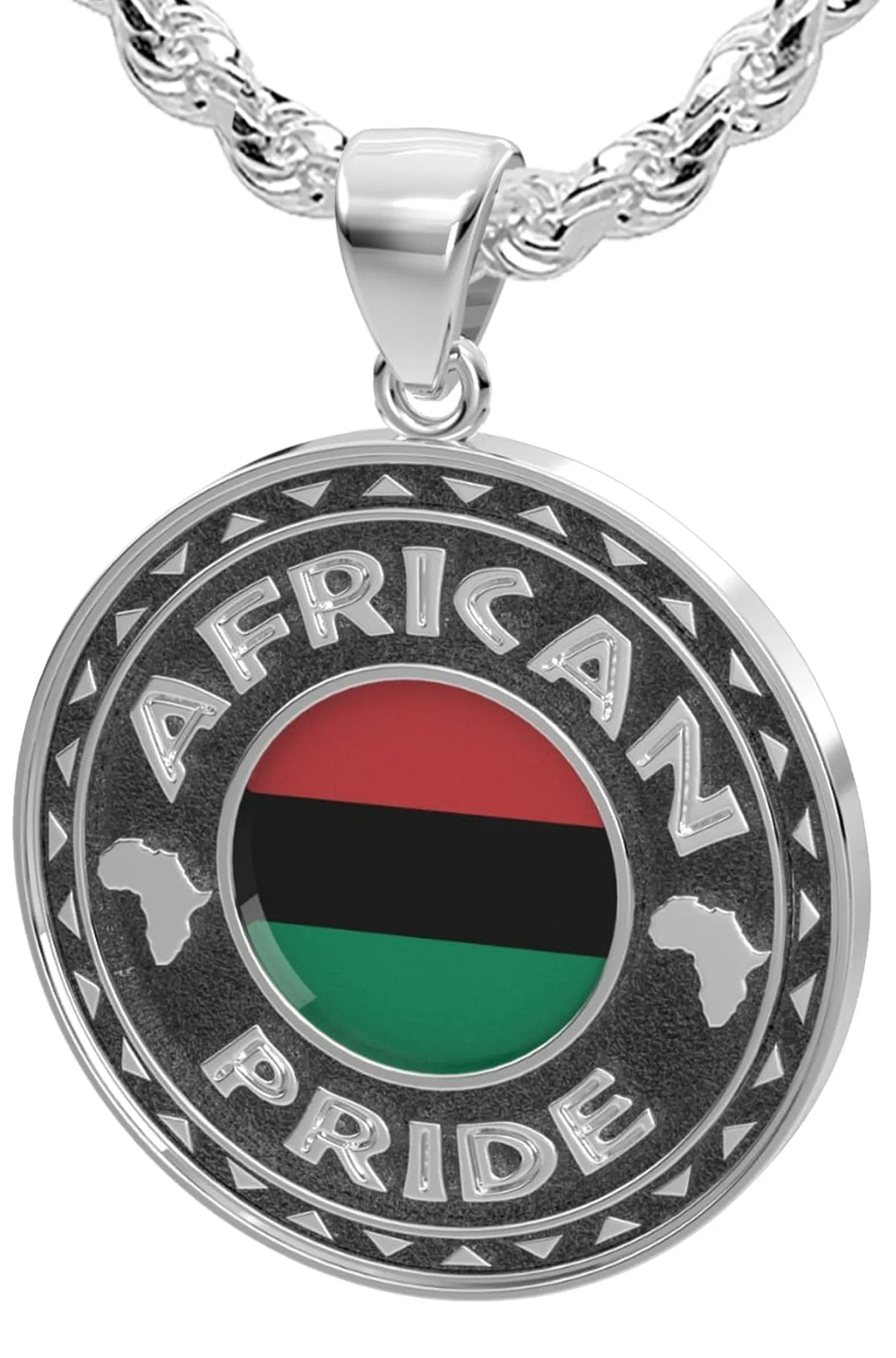 Men's 925 Sterling Silver African Pride Medal Pendant Necklace with Flag, 33mm